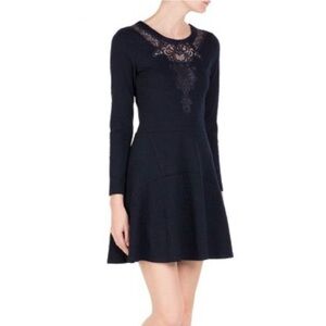 The Kooples animal jacquard lace long sleeve textured dress M navy blue